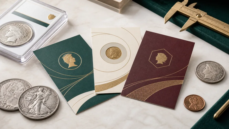 Premium coin dealer business cards arranged with collectible coins and grading tools.