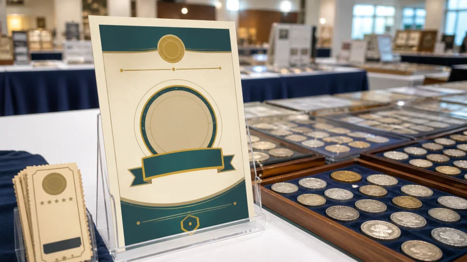A coin show flyer in a tabletop display beside trays of collectible coins.