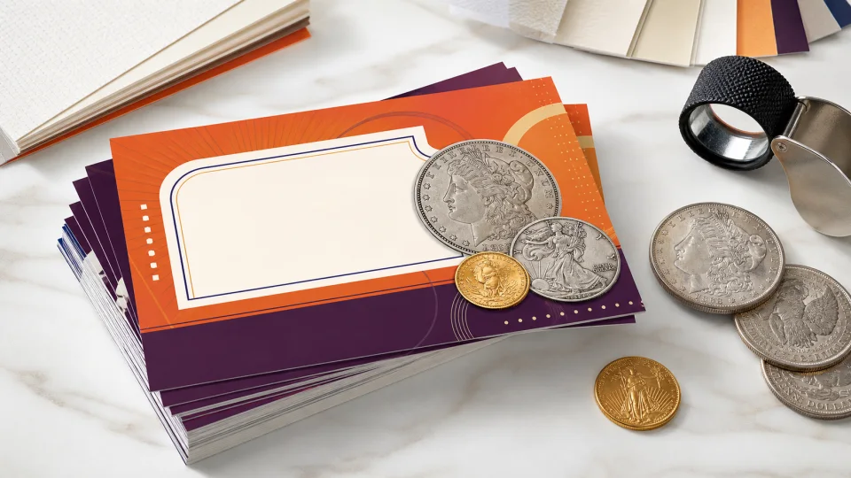 Orange and plum coin show postcards displayed with collectible coins and a magnifying glass.