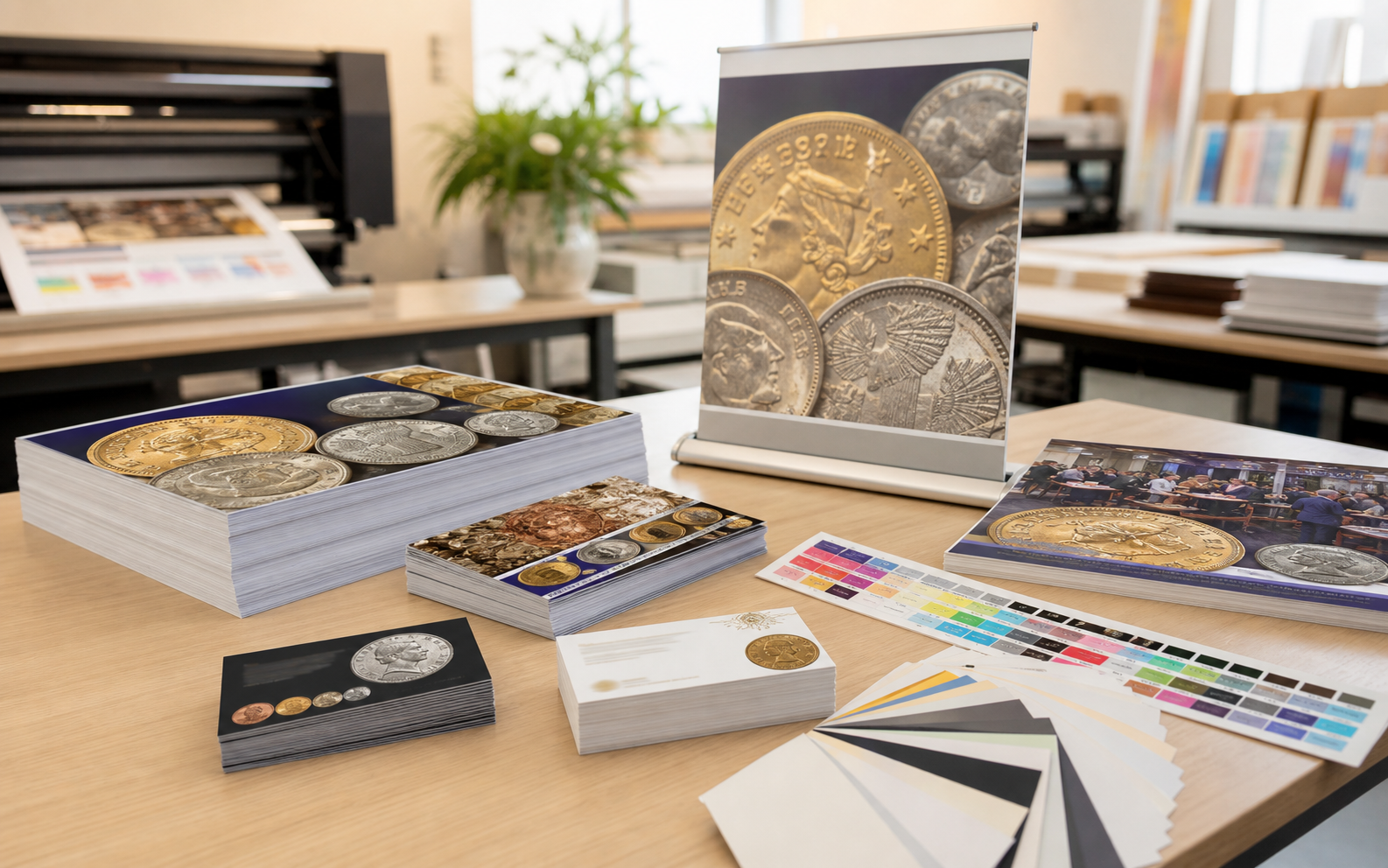 Printed coin show flyers, postcards, cards, and banner materials on a print shop worktable.